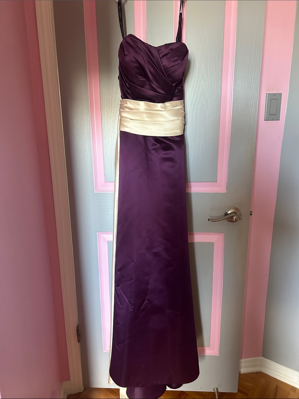Bill Levkoff Plum Satin Maxi Dress with Cream Waist Sash